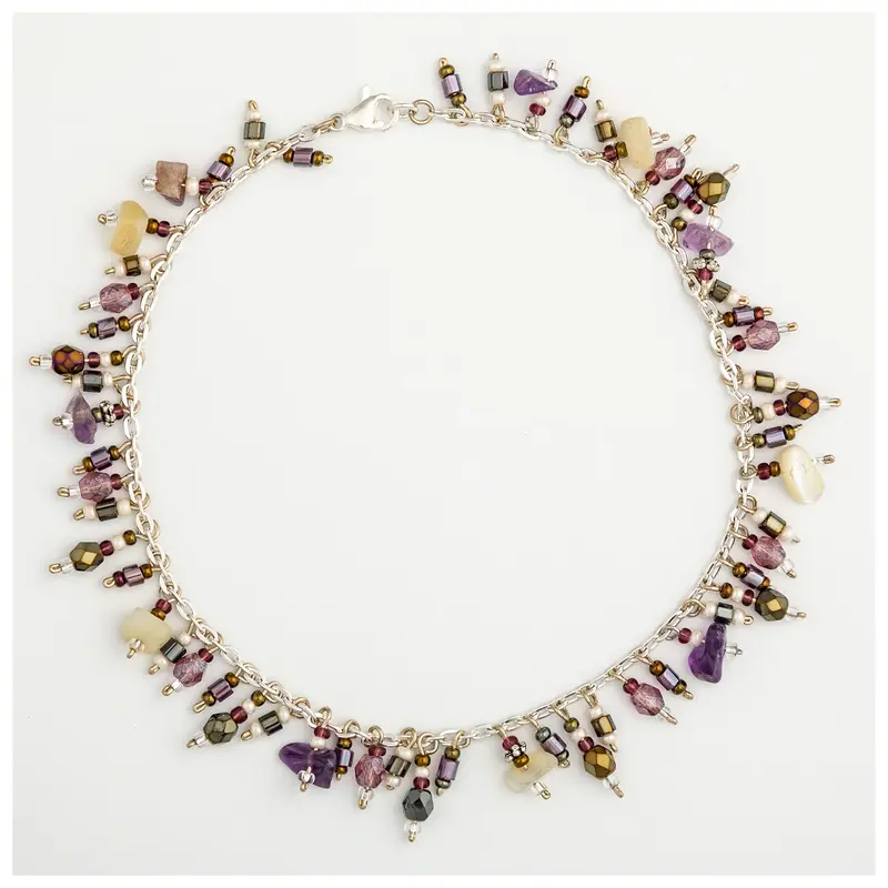 Dangling Gemstones Hand Beaded Anklet - Multicolor Stripes