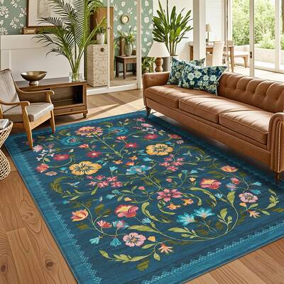 Garvee Washable Rug 9x12 Area Rugs Floral Non Slip Soft Vintage Blue for Living Room Bedroom Dining Room