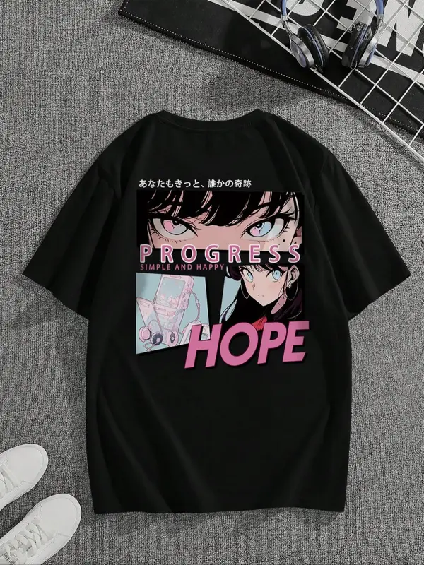 Men's Letter & Anime Cartoon Figure Print Drop Shoulder Tee, Regular Fit Casual Comfy Short Sleeve Round Neck T-Shirt for Su...