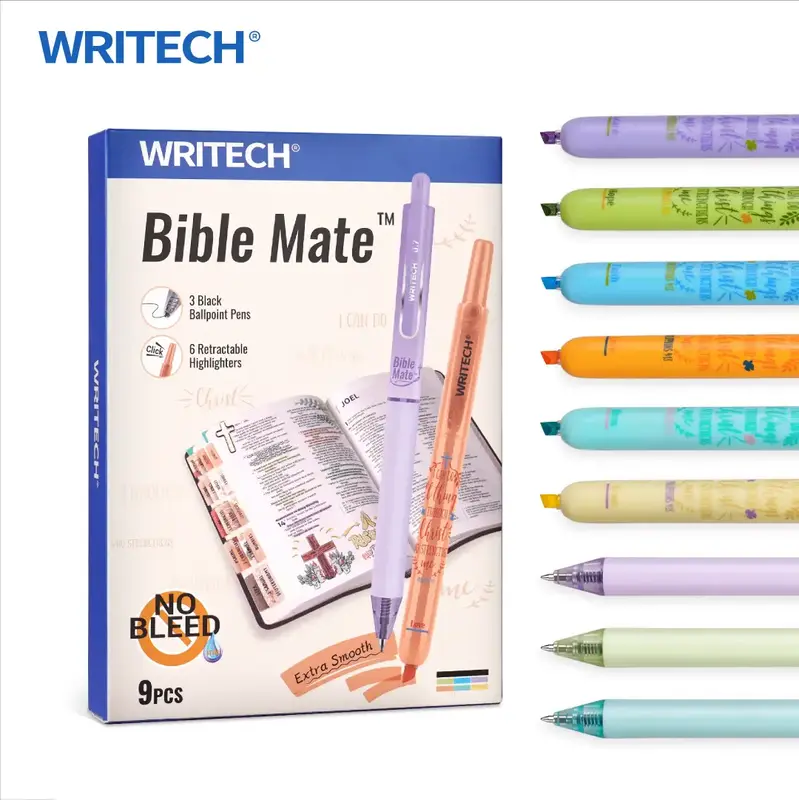 WRITECH Bible Mate Journaling Set: No Bleed Bible Highlighters 0.7mm Black Ink Ballpoint Pens, Fast-Drying Ink, Pastel Colors...