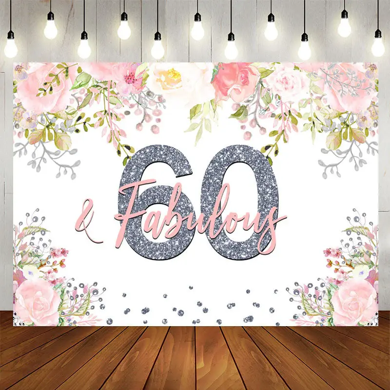 Aperturee Fabulous Pink Floral 60Th Birthday Backdrop