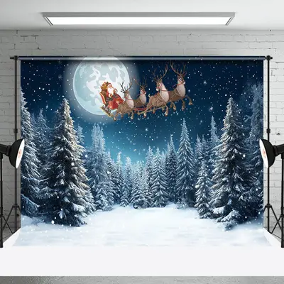Winter Moon Night Forest Santa Christmas Backdrop - Aperturee