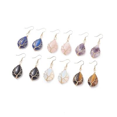 Teardrop Gemstone with Tree Dangle Earrings