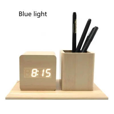 Fashion LED Wood Pen Holder Alarm Clock | Color: Bamboo wood | style: Blue word
