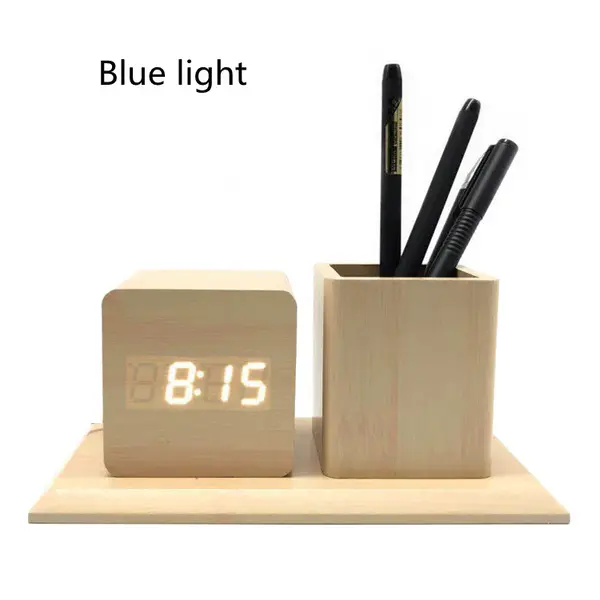 Fashion LED Wood Pen Holder Alarm Clock | Color: Bamboo wood | style: Blue word