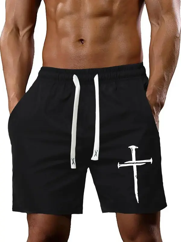 Emo Outfits Men's Stylish Cross Graphic Drawstring Shorts, Regular Fit Casual Breathable Elastic Waist Straight Leg Shor...