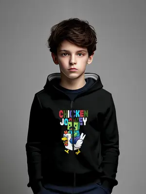 Colorful Rooster Pattern 3D Print Boys' Zipper Graphic Hoodies, Casual Fitted Design for Fall & Winter, Daily Wear Suitable f...