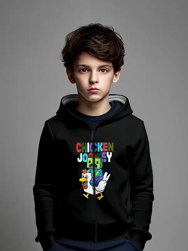 Colorful Rooster Pattern 3D Print Boys' Zipper Graphic Hoodies, Casual Fitted Design for Fall & Winter, Daily Wear Suitable f...