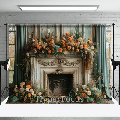 Ancient Luxury Fireplace Floral Christmas Backdrop - Aperturee