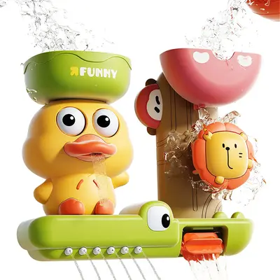 Colorful Cartoon Duck And Friends Water Play Set - Interactive Bath Toy with Suction Cups, Features Spraying And Spinning - M...
