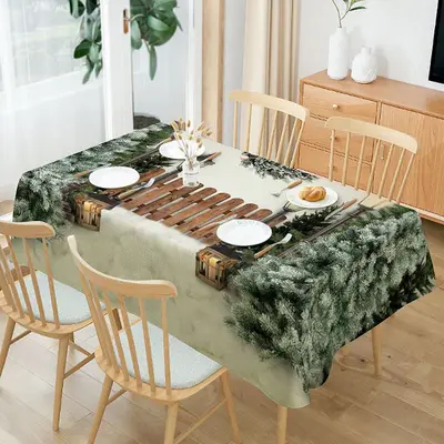 Green Xmas Tree Wooden Fence Christmas Tablecloth - Aperturee