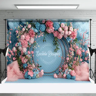Aperturee Pink Blue Arch Floral Elegant Romantic Wall Backdrop, 3X2FT(1MX0.6M), 14 USD, wedding backdrops, ENHD2J61-M