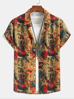 Men's Ethnic Pattern Print Short Sleeve Shirt, Regular Fit Casual Comfy Button Front Collared Top for Summer, Men's Clothes f...