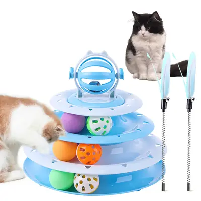 Interactive 4-Tier Roller Track Cat Toys,Turntable Cat Tower Toy, with Colorful Chase Balls & Funny Cat Stick , Cat Roller To...