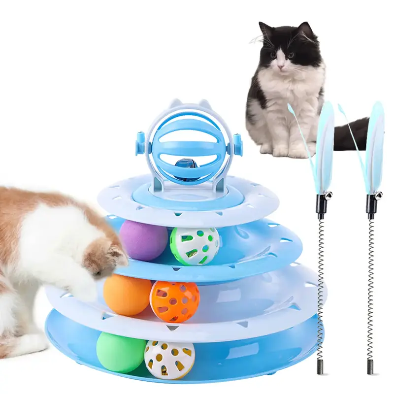 Interactive 4-Tier Roller Track Cat Toys,Turntable Cat Tower Toy, with Colorful Chase Balls & Funny Cat Stick , Cat Roller To...