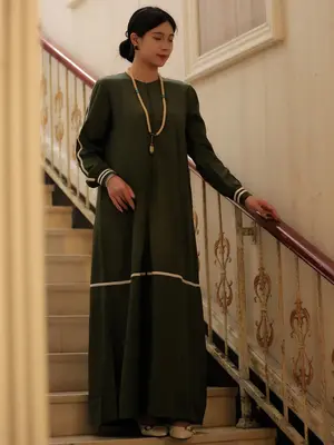 Women's Contrast Binding Long Sleeve Tunic Dress, Elegant Round Neck Long Dress for Party Wedding Guest, Ladies Islamic Cloth...