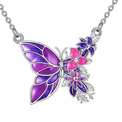 Sterling Silver Butterfly Flowers Necklace for Women