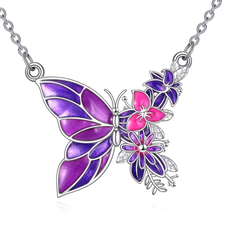 Sterling Silver Butterfly Flowers Necklace for Women