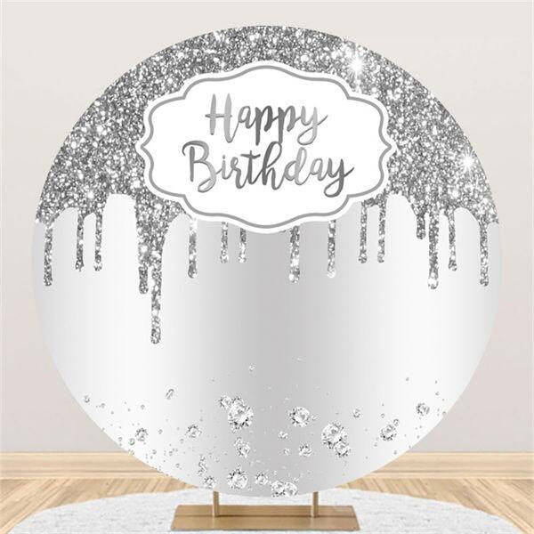 Aperturee Happy Birthday Silver Glitter Diamond Round Backdrop for Party