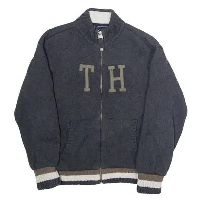 TOMMY HILFIGER Fleece Lined Boys Cardigan Grey High Neck Chunky Knit Wool 14Y