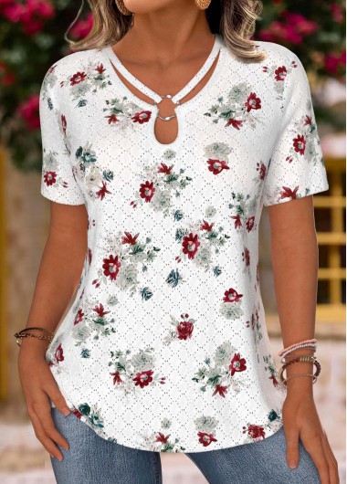 Modlily White Floral Print Short Sleeve V Neck T Shirt - XXL