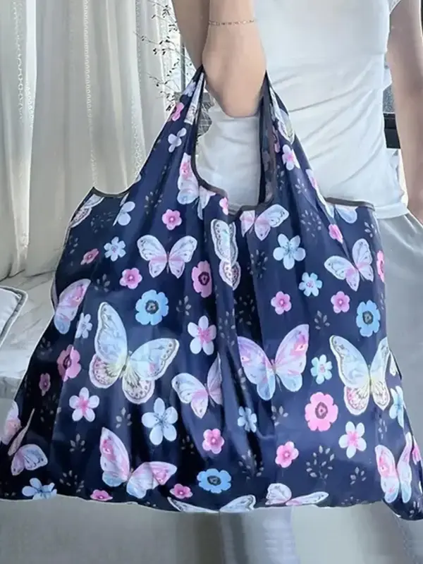 Colorblock Butterfly Print Foldable Shopping Bag, Casual Large Capacity Folding Travel Bag, Fashionable Reusable Bag for Wo...