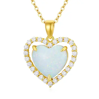 14K Gold Cubic Zirconia & Opal Heart Pendant Necklace
