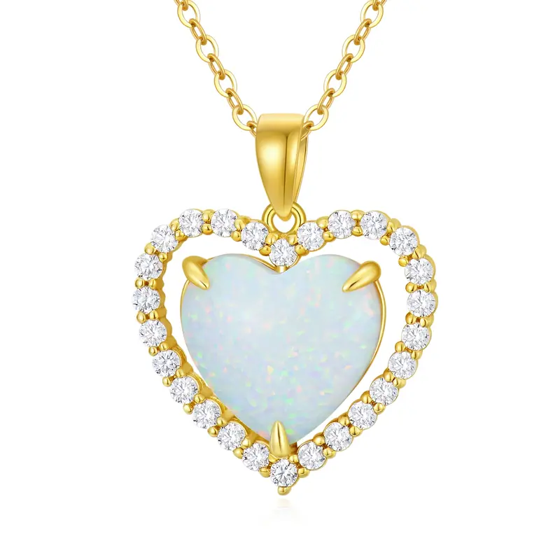 14K Gold Cubic Zirconia & Opal Heart Pendant Necklace