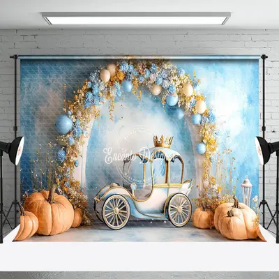 Aperturee Blue Wall Floral Carriage Pumpkin Cake Smash Backdrop - Aperturee