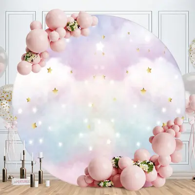 Aperturee Colour Cloud With Gold Stars Round Backdrop For Girl | Circular Birthday Backdrop Cover | Round Party Backdrop | Ci...