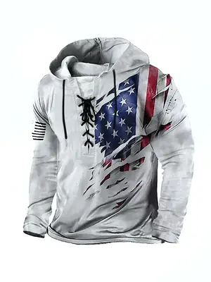 Men's American Flag Print Drawstring Hoodie, Casual Regular Fit Long Sleeve Hooded Sweatshirt for Daily Wear, Men's Top for A...