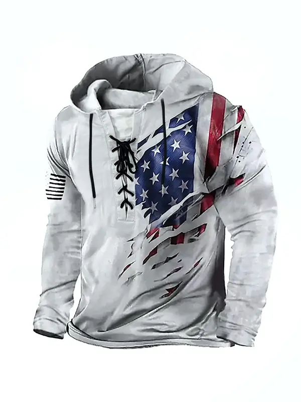 Men's American Flag Print Drawstring Hoodie, Casual Regular Fit Long Sleeve Hooded Sweatshirt for Daily Wear, Men's Top for A...