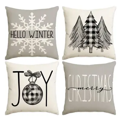 Christmas Themed Cushion Cover without Filler, 4 Counts/set One-sided Square Pillow Cover, Household Decoration Supplies for ...