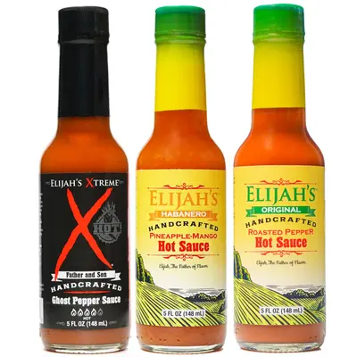 Elijah’s Xtreme Mild & Hot Trio Hot Sauce Set, 3 Bottles 5 oz Each - Pineapple-Mango Habanero, Roasted Cayenne & Jalapeño,...