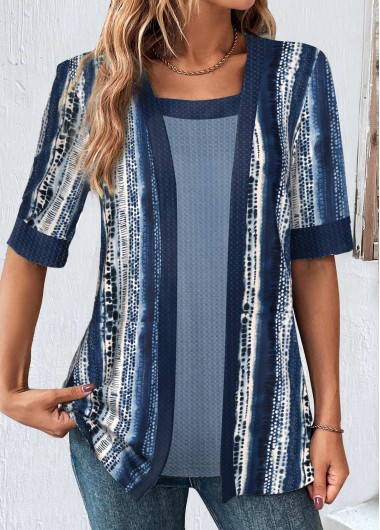 Modlily Navy Fake 2in1 Geometric Print T Shirt - L