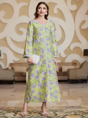 Women's Floral Patchwork Print Long Sleeve Dress, Modest Casual Arabic Clothing for Daily Wear, Ladies Islamic Clothing for A...