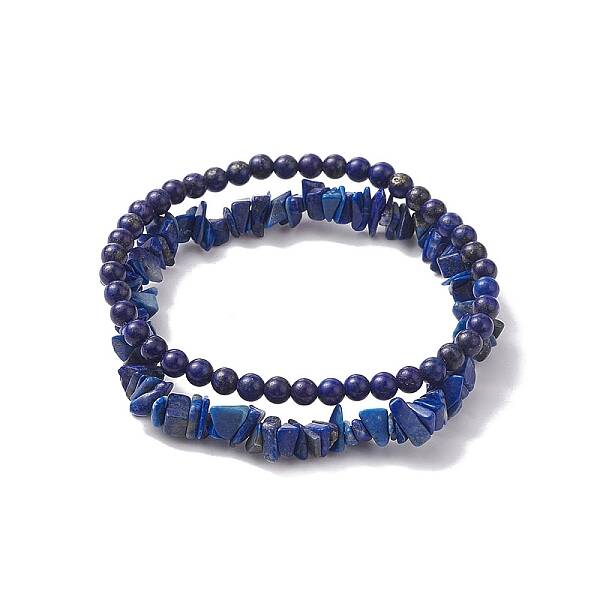Chip & Round Natural Lapis Lazuli Beaded Stretch Bracelets for Women