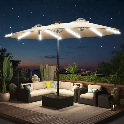 ăNo BaseăYODOLLA 15ft Patio Umbrella with Solar Lights, Large Double Umbrella Outdoor, Rectangle Deck Umbrella with 156 P...