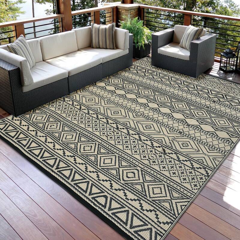 Garvee Outdoor Black & Coffee 10x20 Rug Waterproof Reversible Plastic Straw Durable UV-Resistant Patio Deck Beach Picnic
