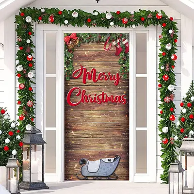 Wooden Board Sleigh Plants Christmas Door Cover - Aperturee