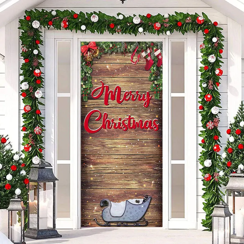Wooden Board Sleigh Plants Christmas Door Cover - Aperturee
