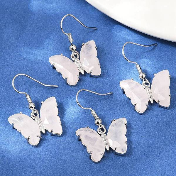 Natural Rose Quartz Brass Dangle Earrings