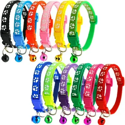 Adjustable Pet Collar with Bell, 12pcs/set Cute Paw Print Pet Collar with Safety Buckle, Pet Supplies for Small Medium Dogs &...