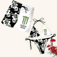 Matching Monster Floral Swimsuits for Couples -Swim Bra & Tie Side String Bikini + Men's Beach Shorts, Summer Vacation Swimsu...