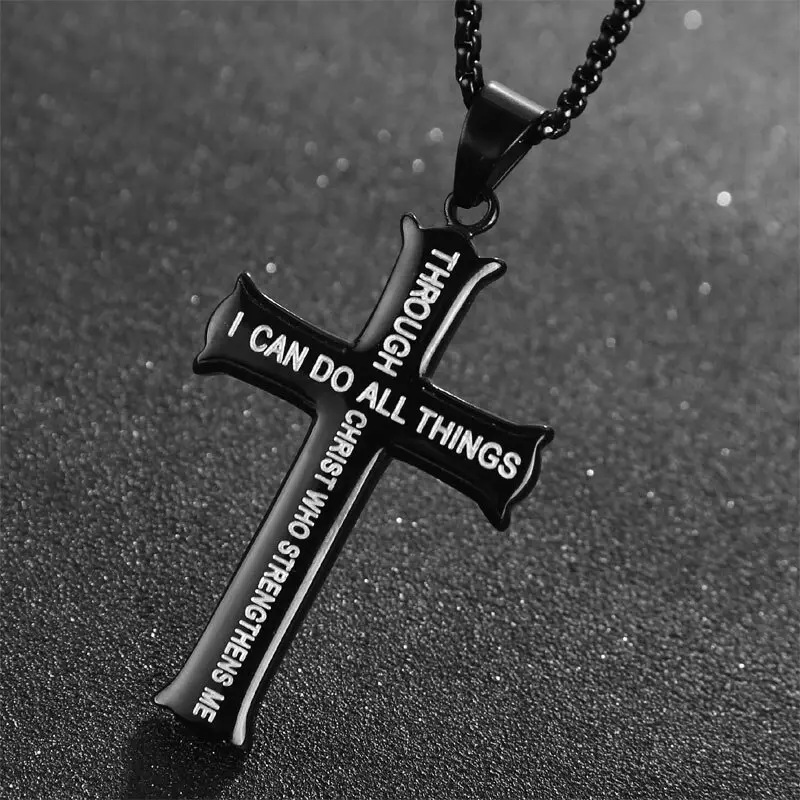 Sterling Silver With Black Rhodium Color Cross Pendant Necklace With Engraved Word For Men