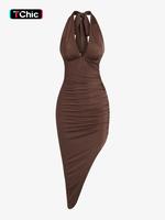 Women's Ruched Asymmetrical Hem Party Dress, Fashion Formal Fitted Backless Halter Midi Bodycon Dresses for Ladies Homecoming...