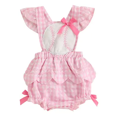 Newborn Baby Girls Baseball Bubble Romper Bodysuit Baseball Embroidery Ruffles Fly Sleeve Bowknot Skirt Hem Jumpsuit Overalls...