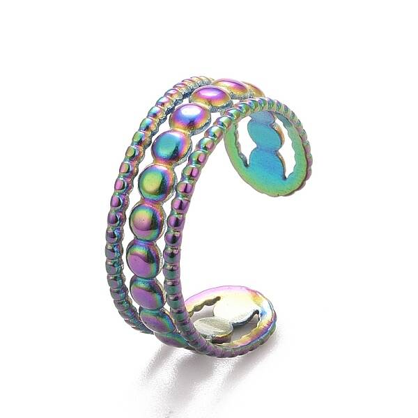 Ion Plating(IP) Rainbow Color  304 Stainless Steel Triple Line Open Cuff Ring for Women
