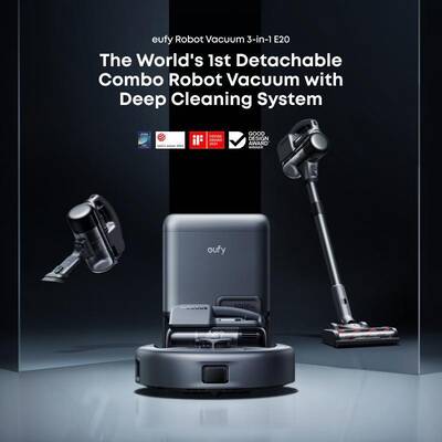 eufy Robot Vacuum 3-in-1 E20,Versatile Self Emptying, Max 30,000 pa, Five-Stage Filtration System, Flash Charging, Preci