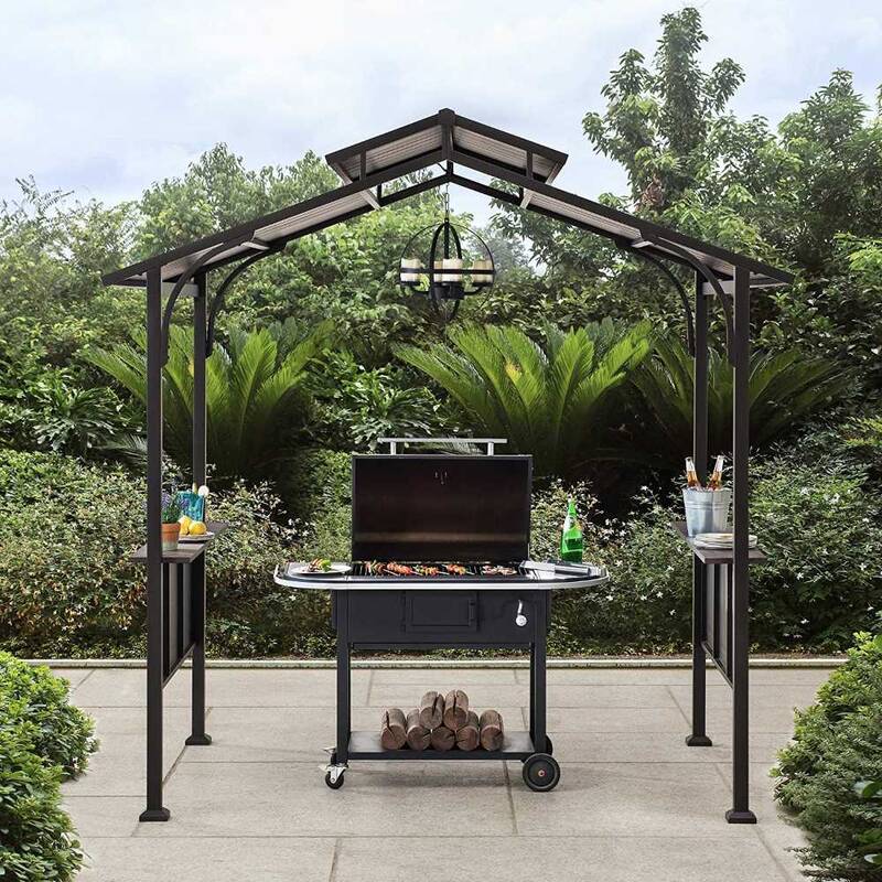SUNJOY 5x8 Backyard Hardtop Grill Gazebo with Ceiling Hook and Bar Shelves